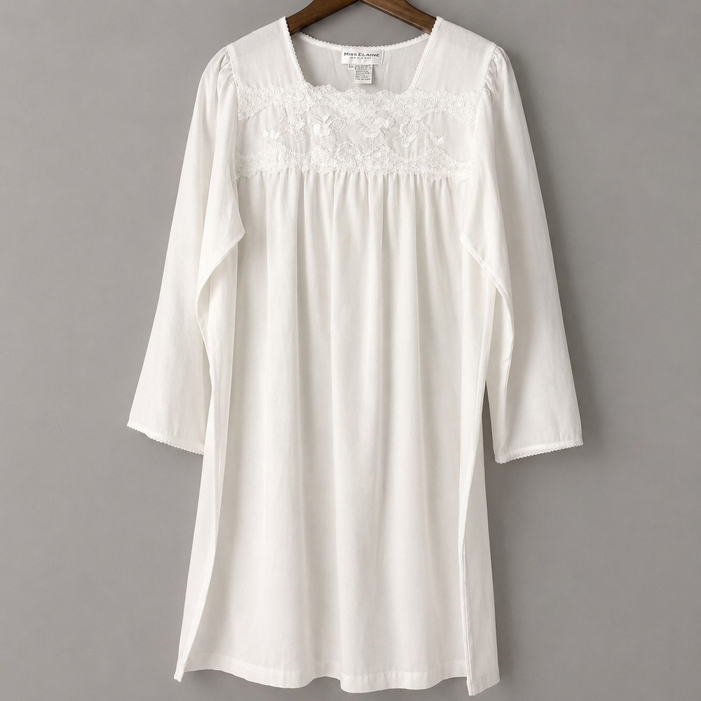 Vtg Miss Elaine Nightgown Size LP Damask‎ Cotton Blend Lace Embroidered Modest